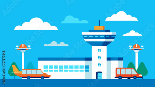 Modern airport scene with control tower and vehicles
