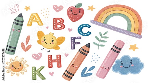Colorful children's alphabet letters, a back to school concept illustration with a playful font design of vector fridge magnets