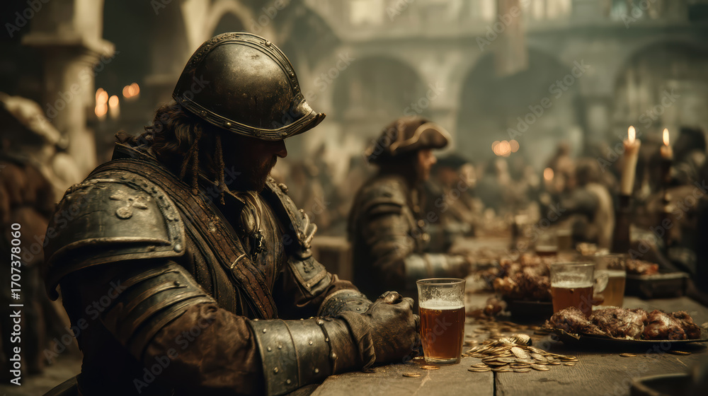 Obraz premium Hyper-realistic animation bustling pirate tavern scene with armored patrons drinking ale
