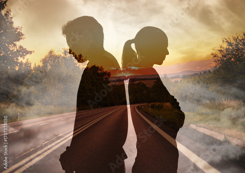 Man and woman in disagreement ignoring each other, arguing, upset, people seperation choosing different paths concept 