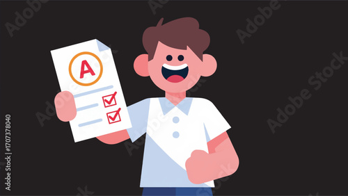 illustration of a boy holding a sheet of exam results paper vector design template