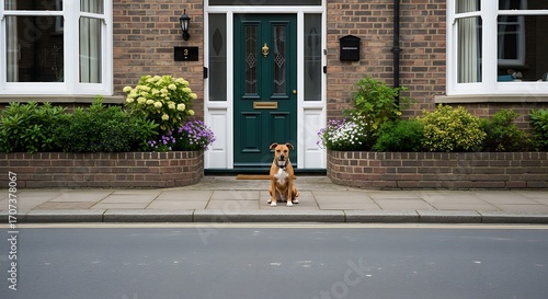 Attentive dog sits proudly in front of classic brick home entrance