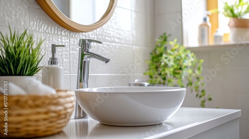 A sunny bathroom scene:  A white vanity with a ceramic sink and modern faucet.  There's empty space for products, and the background shows wall tiles.

