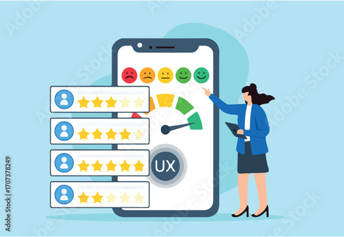 User experience evaluation, assessing customer journey, enhancing satisfaction, UX analysis concept vector illustration. Business analyst reviewing feedback and personas