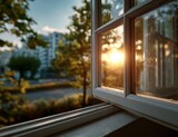 Open window framing a bright, golden sunset through trees, with a blurred cityscape visible