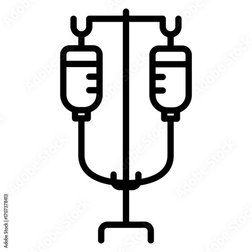 Simple black line IV drip icon representing hospital care, medical treatment, and patient therapy