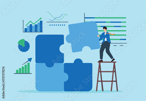 Matching together market strategies, comprehensive data analysis, problem-solving, visualizing business growth concept vector illustration. Analyst assembling jigsaw puzzle with bar graphs