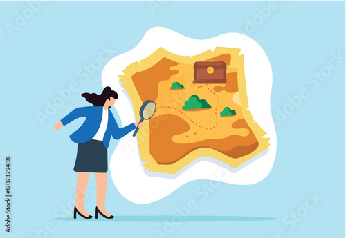 Discovering market opportunities, strategic exploration, insightful analysis, data-driven strategy concept vector illustration. Businesswoman mapping out treasure hunt with data 