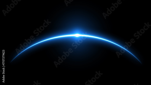 Glowing blue planet sunrise on horizon in deep space, vector illustration with radiant light beams, futuristic cosmic background for astronomy, science, technology, and space design