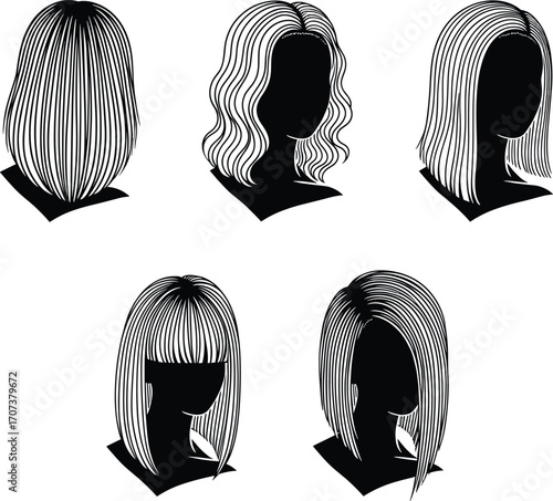 Black and white vector illustration of five different women’s hairstyles, including straight, wavy, bangs, and side‑parted haircuts with detailed line art