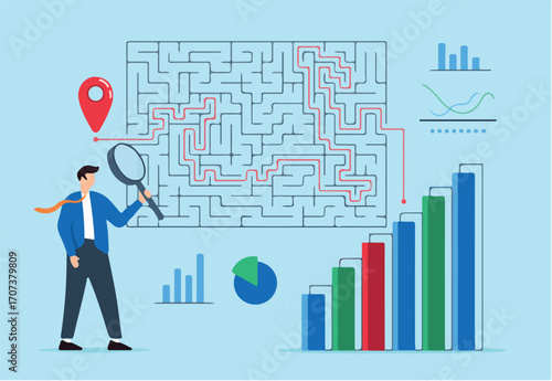 Solving complex market problems, strategic thinking, analytical problem-solving, business challenges concept vector illustration. Analysts navigating maze of financial graphs