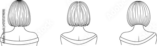 Black and white vector illustration of three different women’s bob hairstyles from back view, showing variations in cut, texture, and layering