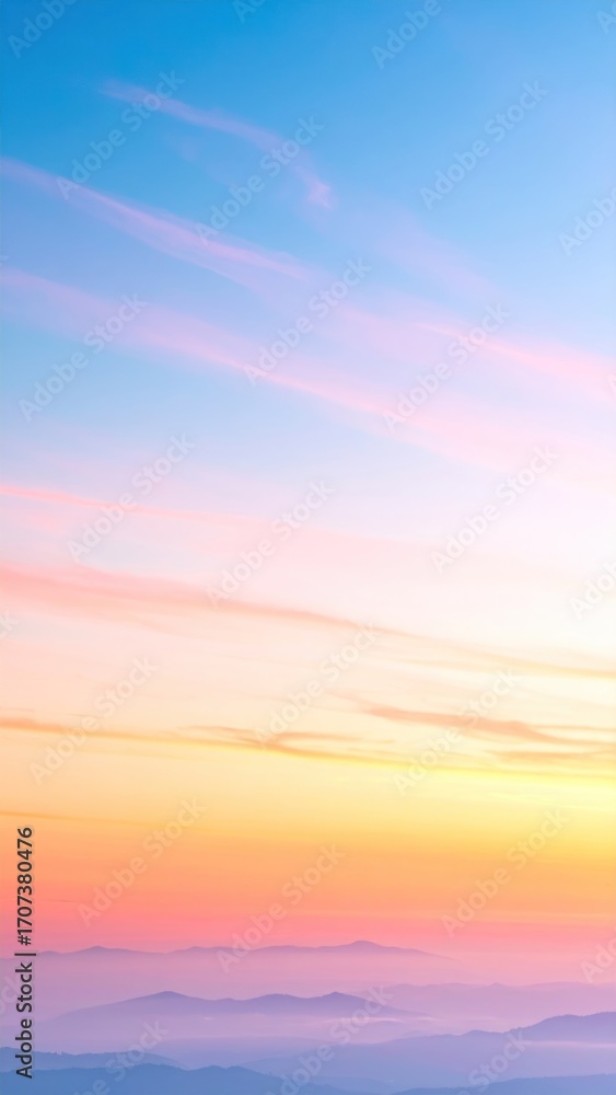 Obraz premium Breathtaking sunset paints the sky with vibrant hues of orange, yellow, pink, and blue over distant, blurred mountain peaks