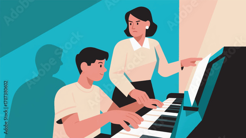 illustration of a female teacher with an unusual expression guiding her male student to play the piano vector design template