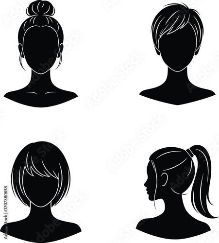Black silhouette vector illustration of four different women’s hairstyles, including bun, short layered cut, bob with bangs, and ponytail profile view