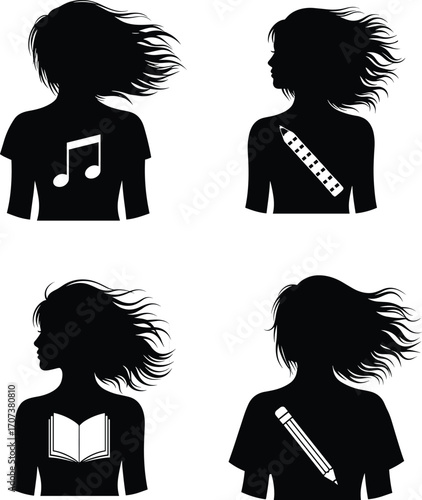 Black silhouette vector illustration of four individuals with icons representing music, engineering, literature, and writing, symbolizing diverse creative and academic professions