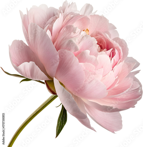 Blush Pink Peony Blossom Isolated with Green Stem and Leaf, Transparent Background Cutout