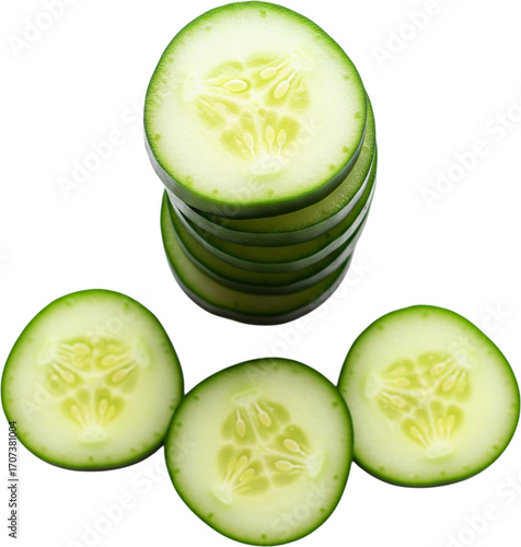 Fresh Green Cucumber Slices Stacked and Individual Cutouts Isolated on Transparent Background PNG