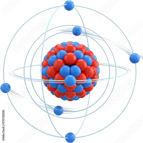 3D Atom Model with Red and Blue Nucleus and Orbiting Electrons, Isolated on Transparent Background PNG Cutout