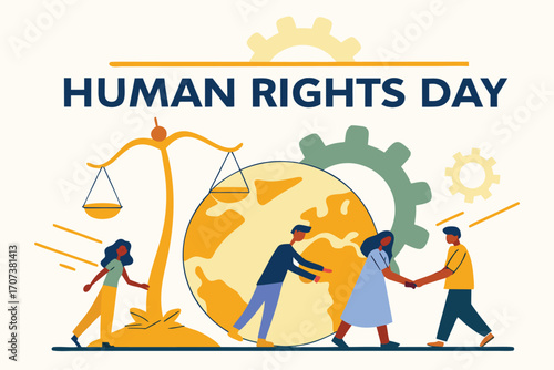 Human Rights Day Vector Illustration with Diverse People Holding Hands Around Globe and Scales of Justice in Modern Minimalist Style