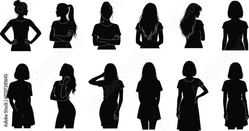 Black silhouette vector illustration of twelve women in various poses and hairstyles, showcasing fashion, posture, and diverse hair designs