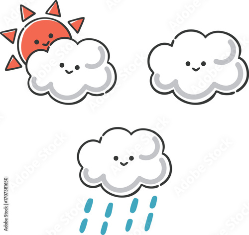 かわいい雲のイラスト（顔付き）　ベクター
