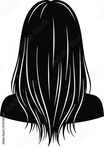 Black silhouette vector of long straight layered hairstyle with slight waves from back view, beauty salon fashion hair design illustration for styling