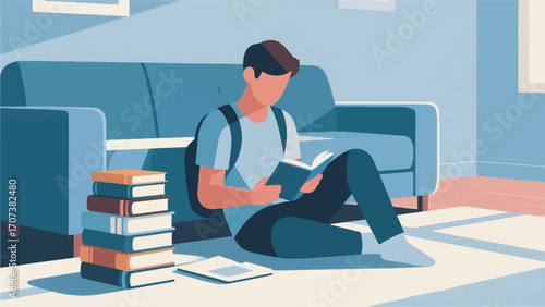 illustration of a student studying at home vector design template
