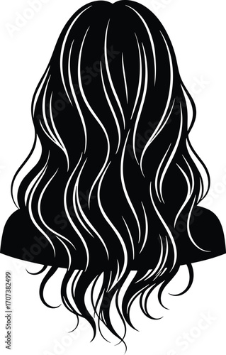 Black silhouette vector of long wavy hairstyle from back view with layered strands, beauty salon fashion hair design illustration for styling