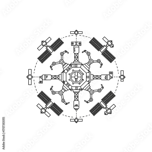 Scalable vector illustration of a futuristic space station economy hub with satellites and robotic arms eps vector