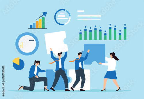 Assembling market strategies, comprehensive data analysis, collaborative problem-solving, insightful decision-making concept vector illustration. Business analysts building puzzle with charts