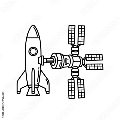 Hand-drawn outline of rocket docking with satellite in space economy vector illustration vector