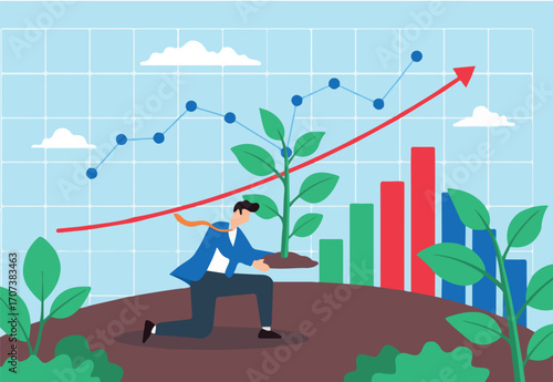 Sowing future business growth, nurturing market strategies, data-driven cultivation, strategic planning concept vector illustration. Analyst planting seeds in data field