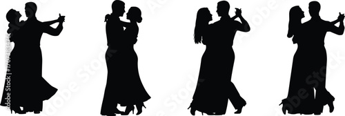 Elegant Ballroom Dance Couple Silhouette Vector Set Featuring Formal Attire, Romantic Poses, and Classic Partner Dance Styles for Event and Performance Design