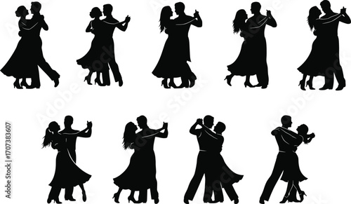 Elegant Ballroom Dance Couple Silhouette Vector Set Featuring Multiple Poses, Formal Attire, and Classic Partner Dance Styles for Event and Performance Design