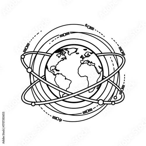 Space economy globe with orbital rings and satellites vector illustration icon vector