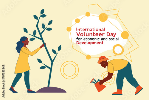 International Volunteer Day for Economic and Social Development. Diverse people collaborating, planting trees, and supporting communities. Flat vector illustration.

