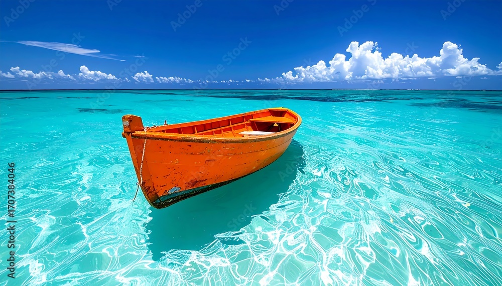Naklejka premium Sunny turquoise water with orange boat