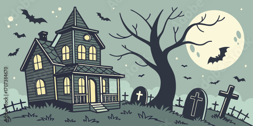 Haunted house and graveyard illustration. Creepy mansion, ghosts, tombstones, and full moon background. Dark and mysterious Halloween scene. Isometric/vector illustration.