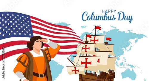 Fotografie Happy columbus day illustration with christopher columbus, a ship, and the ameri