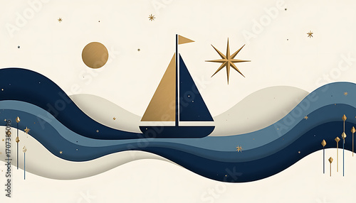 Sailing Adventure Illustration: A vibrant illustration of a solitary sailboat navigates serene waters under a starlit sky, evoking themes of exploration and adventure.
