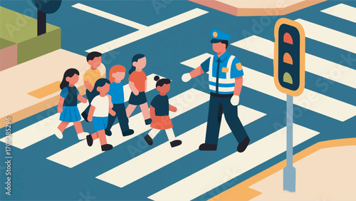 illustration of an officer helping children cross the road vector design template
