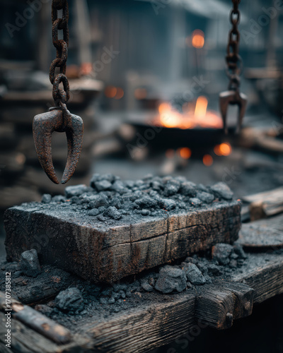 Hyper-realistic animation branding irons and heavy meat hook by glowing forge on ranch workbench