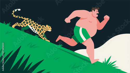illustration of an overweight man running while being chased by a tiger vector design template
