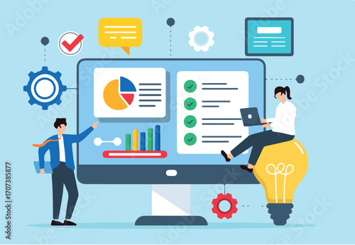 Flat illustration of business partners analyzing problems and finding effective solutions on digital screen