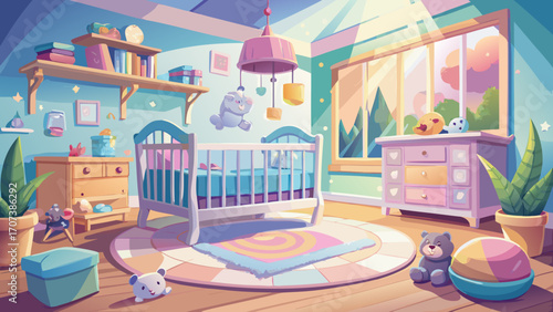 Pastel-themed nursery room with white wooden crib, soft toys, and gentle sunlight, creating a peaceful and charming space for a baby’s dream.