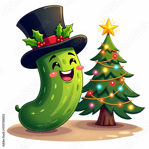Cute Christmas pickle character in black top hat with holly decoration standing near decorated tree with glowing lights and star, festive holiday cartoon illustration with copy space