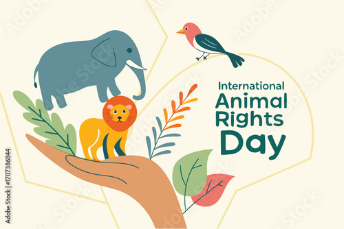 International Animal Rights Day. Diverse wild and domestic animals protected by human hands in harmony with nature. Flat vector illustration.