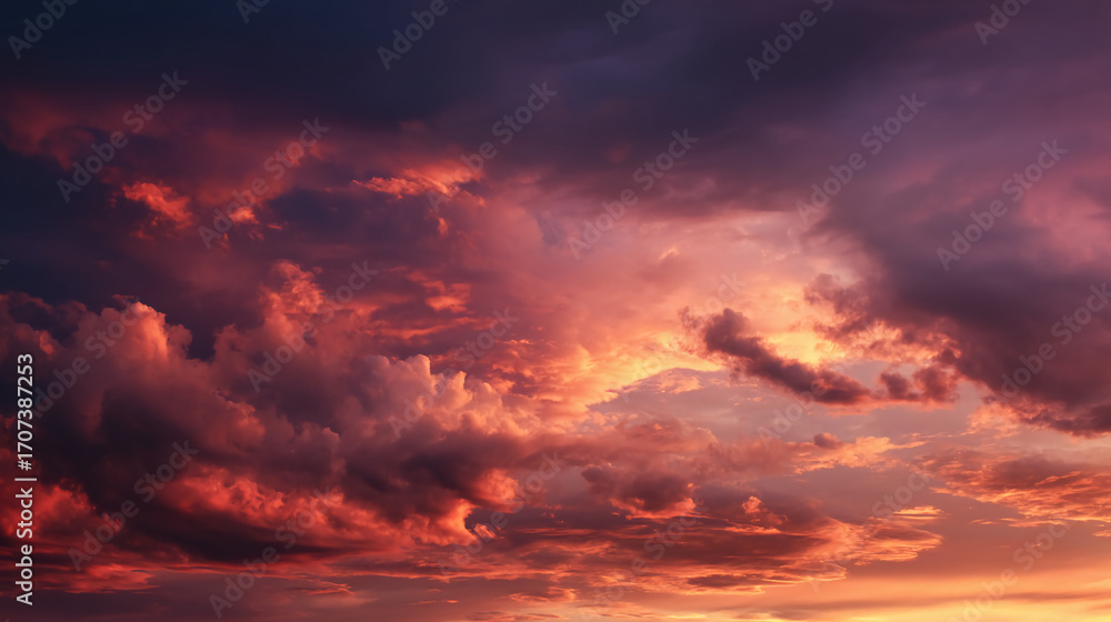 Fototapeta premium A breathtaking sunset with vibrant hues of orange, pink, and purple swirling through dramatic clouds, creating a stunning display of nature's beauty.
