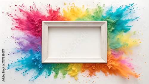Empty square frame surrounded by vibrant exploding holi powder colors on white background